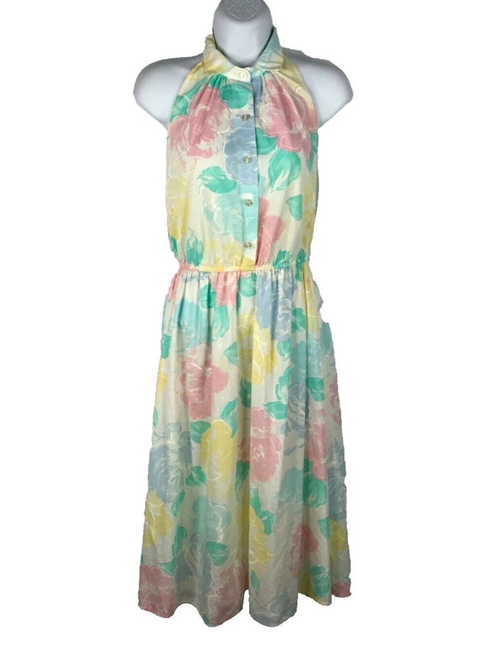 Vintage 80s Bee Darlin Halter Dress Size 5 Juniors White Pastel Floral High Neck